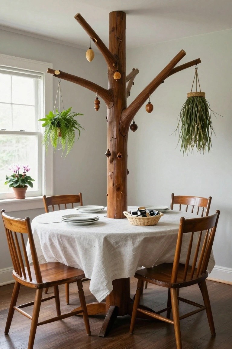 A tall wooden tree trunk with branching arms from which wooden ornaments, hanging plants, and baskets are suspended, centered over a round white-clothed dining table with wooden chairs in a light room with windows and potted plants.