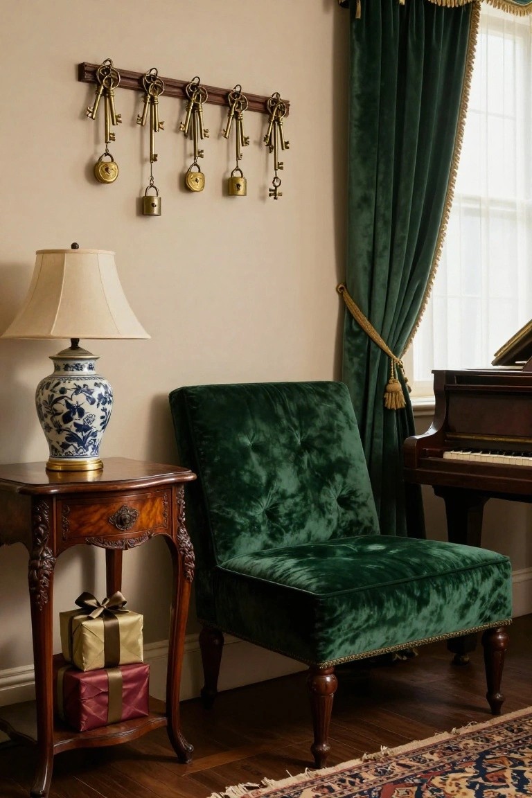 Elegant interior room corner with a green velvet armchair, wooden side table holding two wrapped gift boxes in gold and red, blue and white porcelain lamp, row of brass skeleton keys and padlocks on wooden wall rack, green velvet curtains by window, and grand piano in background.