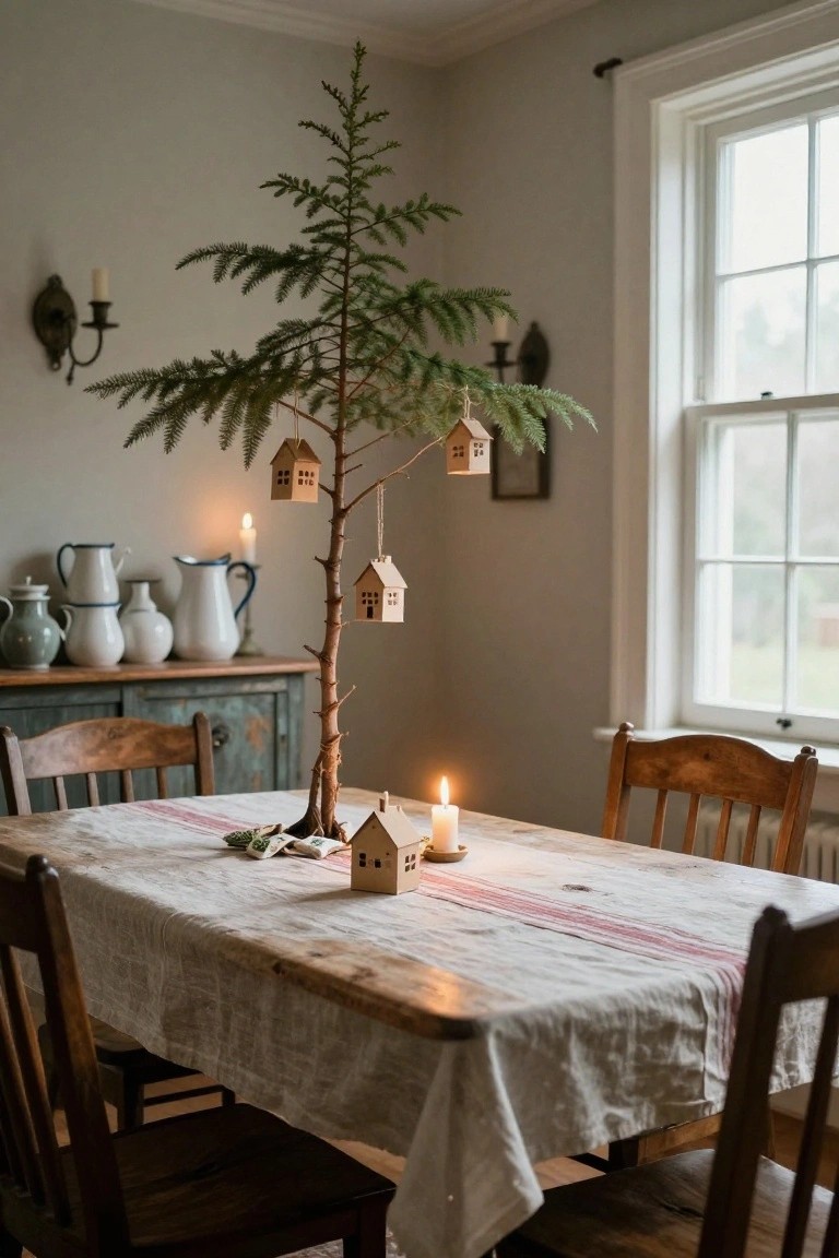Small potted Christmas tree on a wooden dining table in a cozy room, decorated with hanging wooden house ornaments, candles on the table and walls, wooden chairs, and blue and white pottery on shelves.