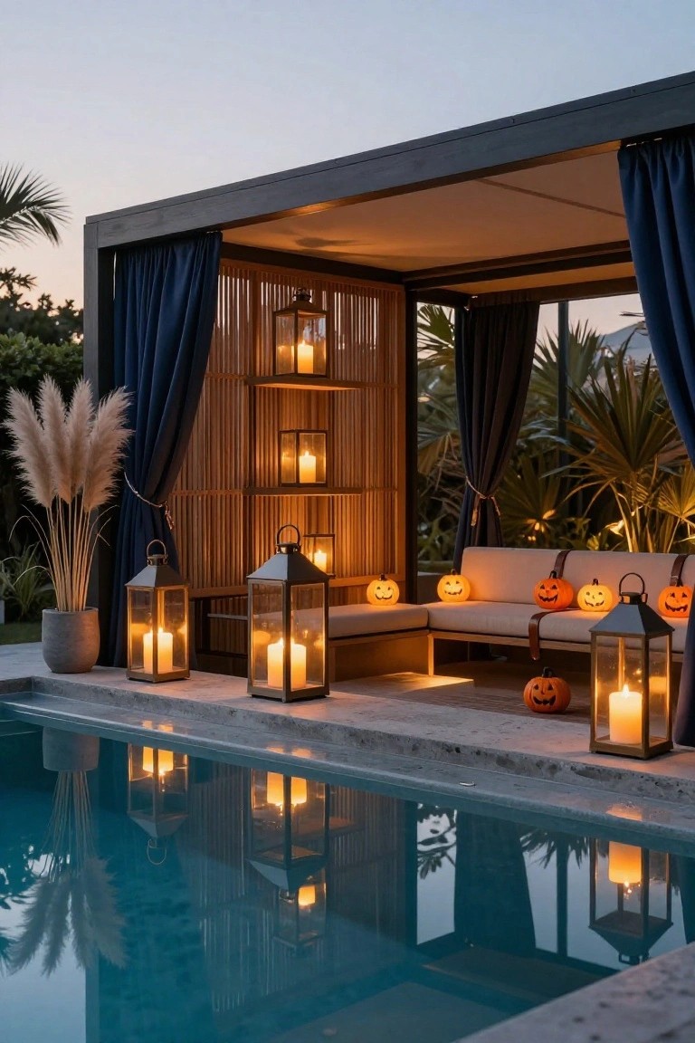 Wooden paneled interior corner with beige L-shaped sofa, wooden coffee table stacked with books, multiple hanging and tabletop copper lanterns lit by candles, pampas grass in glass vase, hanging fern plant, knit throw, and large window showing outdoor greenery.