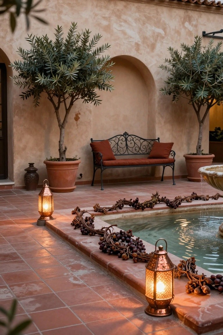 Stone staircase winding up a hillside garden, lined with purple lavender, ornamental grasses, and evenly spaced hammered copper lanterns holding candles.