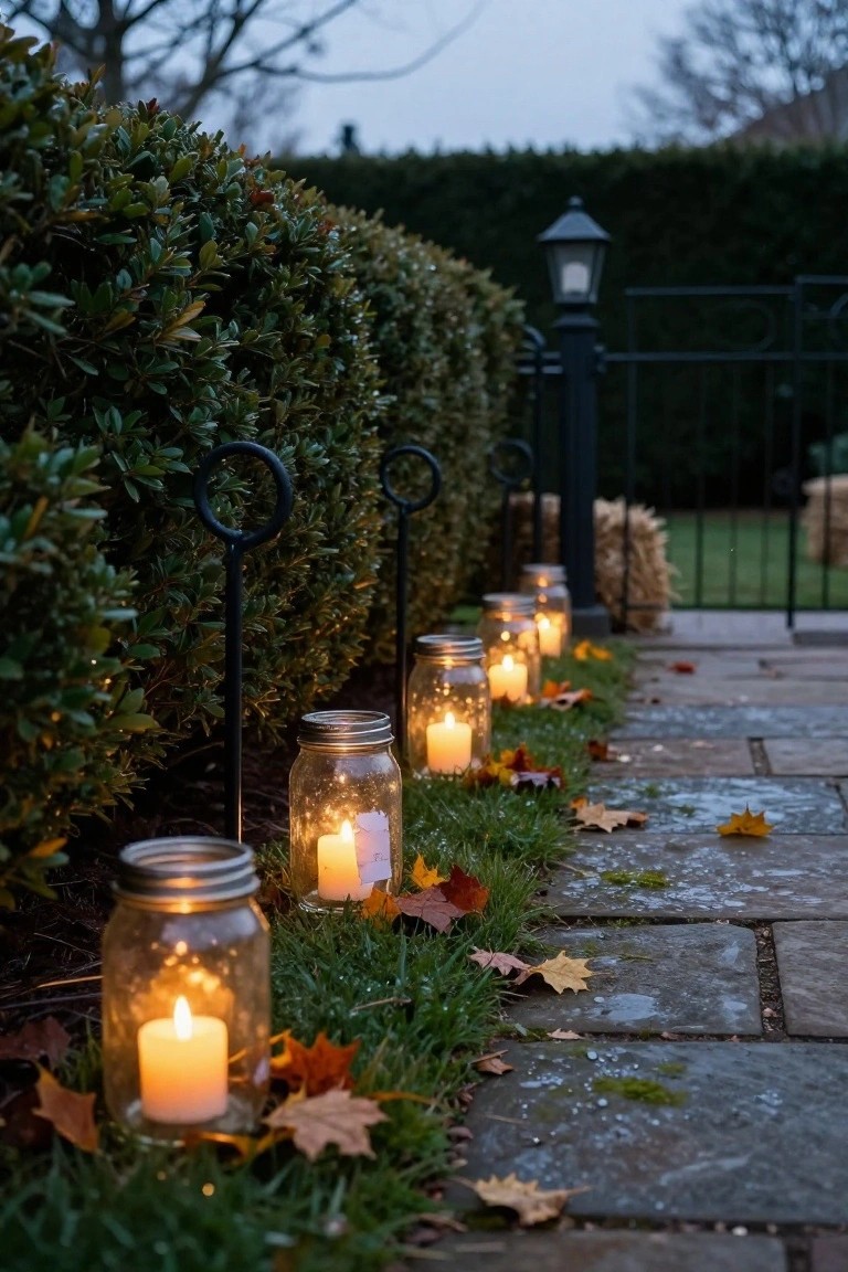 Outdoor patio at dusk with a low concrete coffee table holding several lit glass and rattan lanterns, surrounded by cushions, a hammock, potted ferns, a colorful rug, and string lights draped through overhead greenery against a wooden fence.