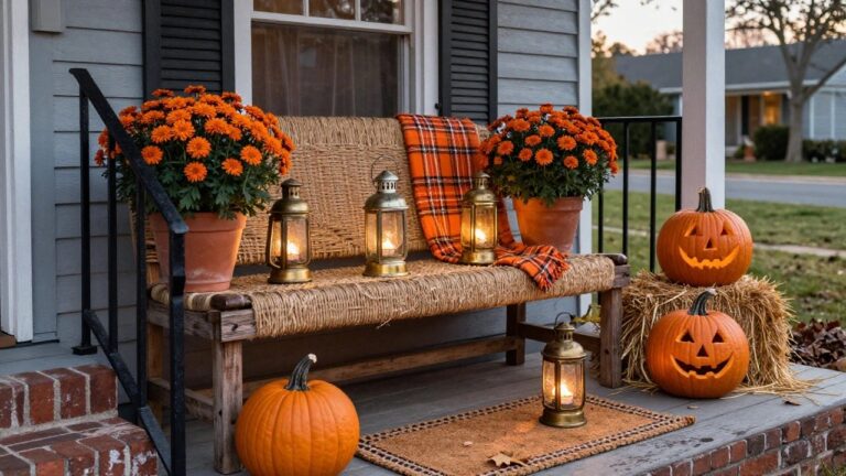 White clapboard house front porch at dusk with wooden arched door, lanterns on flanking walls and steps, carved jack-o-lanterns on steps, wheat bundles and pumpkins in metal bucket beside Adirondack chair with plaid blanket.