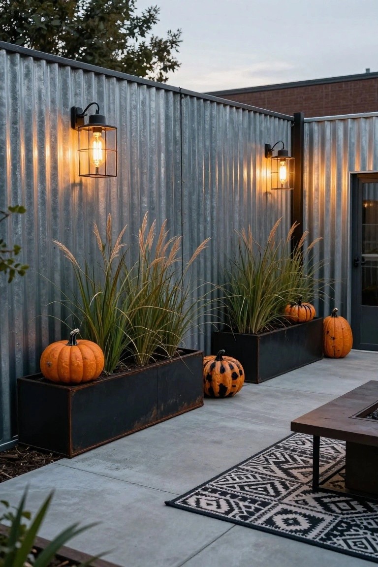 Outdoor patio under a black wooden pergola strung with multiple hanging lanterns of varied shapes, a round concrete dining table topped with pumpkins and flanked by upholstered chairs on a patterned rug, a nearby grill, and tall bamboo plants along a dark fence.