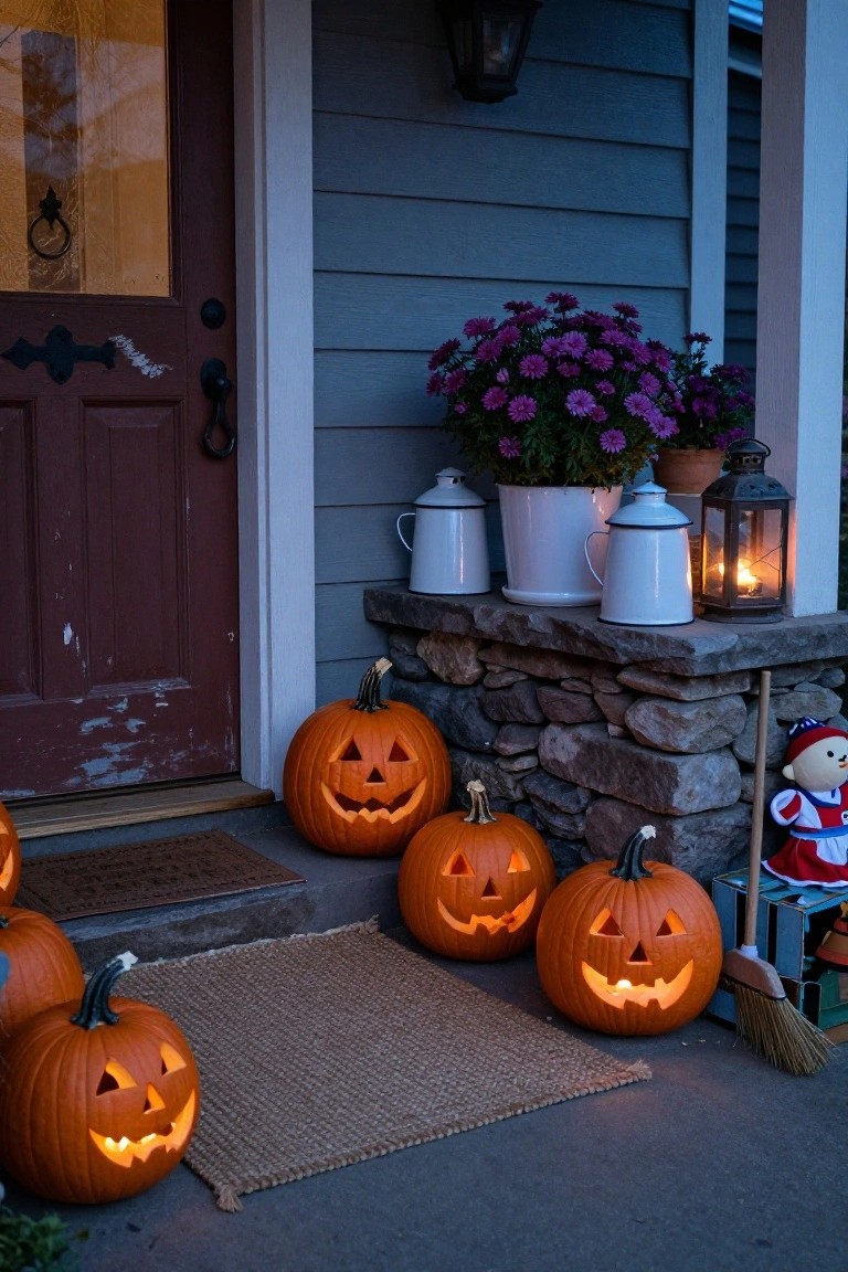 Stone pathway edged with lavender plants leads under a wooden pergola hung with multiple lit mason jar lanterns toward a stone cottage, with hay bales, pumpkins, and a small bench nearby.