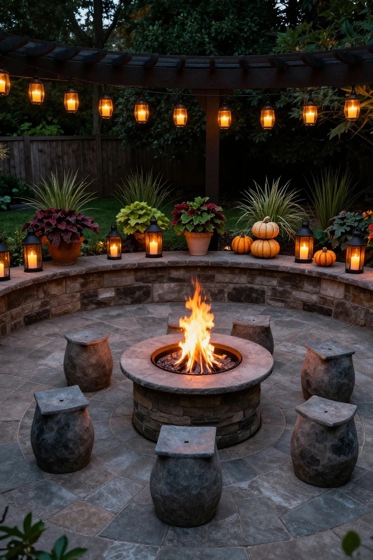 Woven twig archway with hanging lanterns and pinecones frames a large glass lantern on a stone pedestal with pillows, potted plants, and mossy stone steps in a garden.
