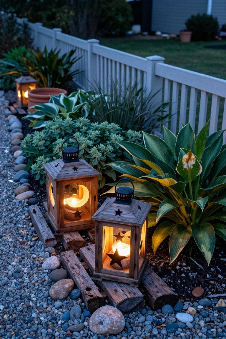 Rooftop terrace at dusk with gray pallet bench on concrete, black metal lanterns holding lit candles on blocks and planters filled with succulents and agaves, hanging plants under metal pergola structure, and city skyline view.