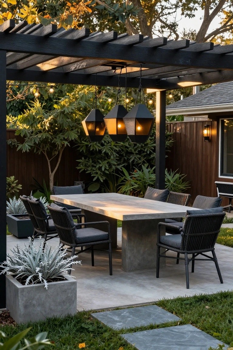 Gray shingled porch exterior with wooden bench topped by blue striped cushions and pillows, multiple lit lanterns hanging and placed nearby, potted grass plant, white railing, and ocean view at dusk.