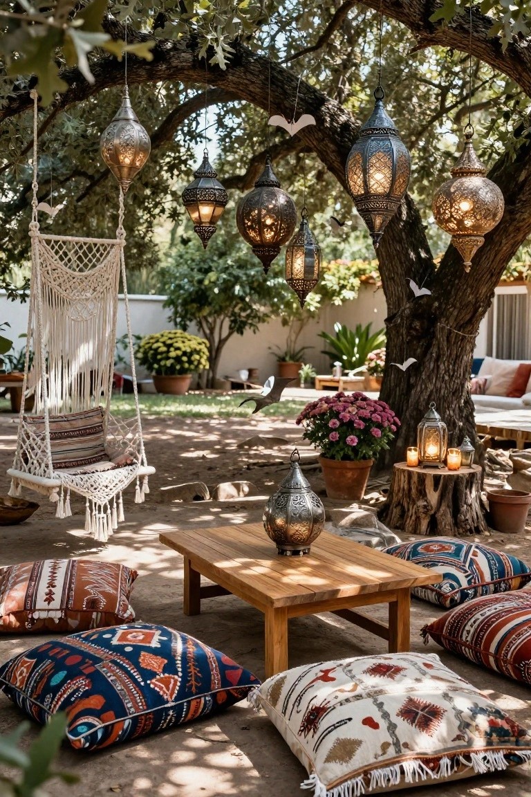 Poolside deck at twilight with four beige lounge chairs, glowing round paper lanterns placed nearby, turquoise pool water, agave plants, wooden privacy screen, and grass edging.