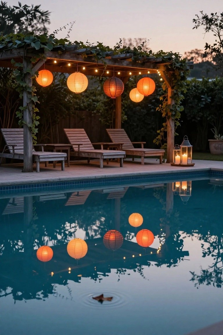 Dark stucco arched entryway with black double doors flanked by black lanterns and potted orange pumpkins with topiary trees at dusk.