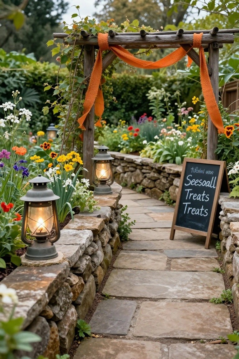 Backyard at dusk featuring a large outdoor projector screen, bean bag chair draped with a patchwork quilt, wooden table with metal lanterns and pillar candles, and a wooden tray holding mugs and more candles on grass.