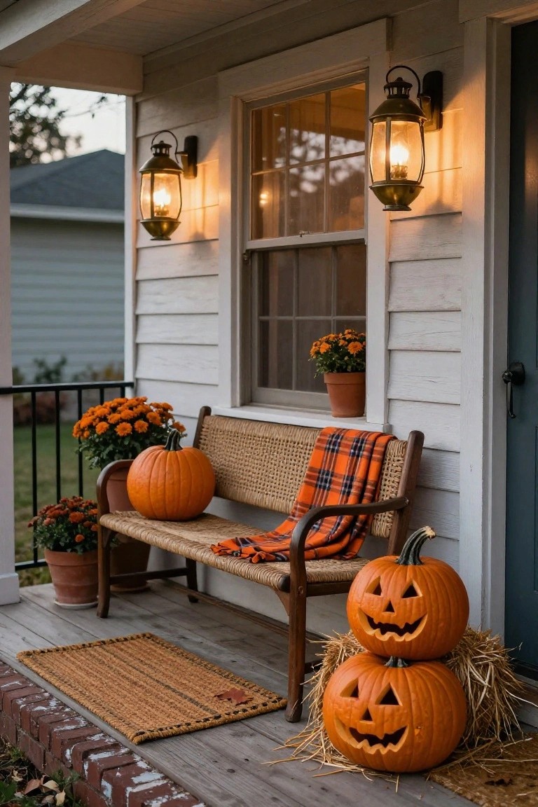 White clapboard house front porch at dusk with wooden arched door, lanterns on flanking walls and steps, carved jack-o-lanterns on steps, wheat bundles and pumpkins in metal bucket beside Adirondack chair with plaid blanket.