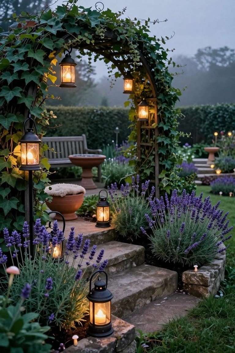 Wooden garden arbor covered in pink climbing roses flanked by lit black lanterns on posts, with a wooden picket gate, pebble stone path, rosemary plants, birdhouse, and baskets of pumpkins and gourds.