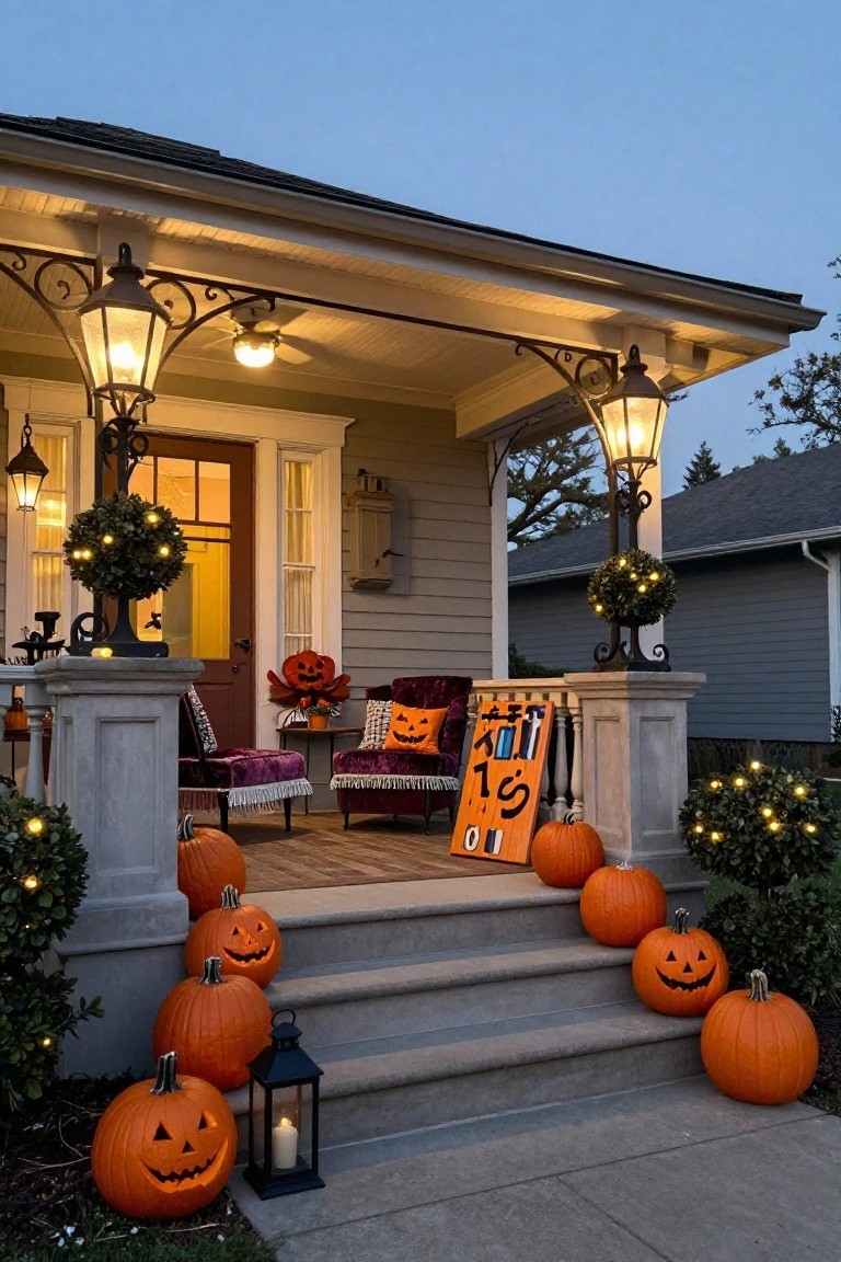 Modern outdoor courtyard with gray L-shaped sofa around square concrete fire table with flames, tall black floor lanterns with candles, potted olive trees in concrete planters, gravel ground and dark stone walls.