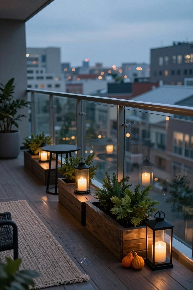 Black carved wooden bench outdoors with two carved orange jack-o-lantern pumpkins on the seat, potted pink and white chrysanthemum plants beside it, two larger pumpkins on the ground in front, empty terracotta pot and sisal rug, flanked by two tall black post lanterns and green hedge under overcast sky.