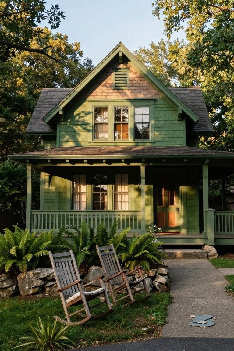 A two-story green shingled Victorian house with wraparound porch, double-hung windows, wooden rocking chairs, ferns, stone walls, and a concrete path in a wooded yard.