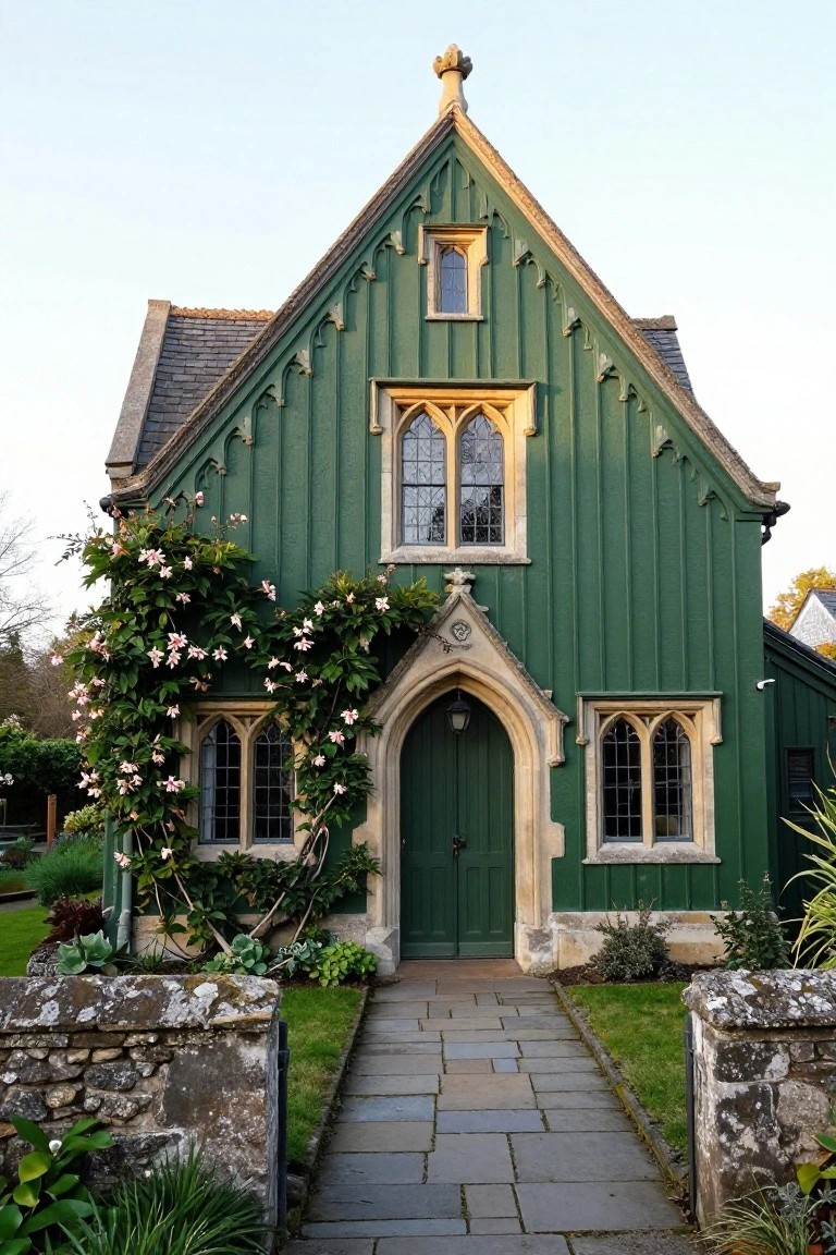 Green painted house with Gothic arched stone entry door framed by climbing pink roses, flanked by lancet windows, slate roof, garden beds, and stone wall with path leading to the door.