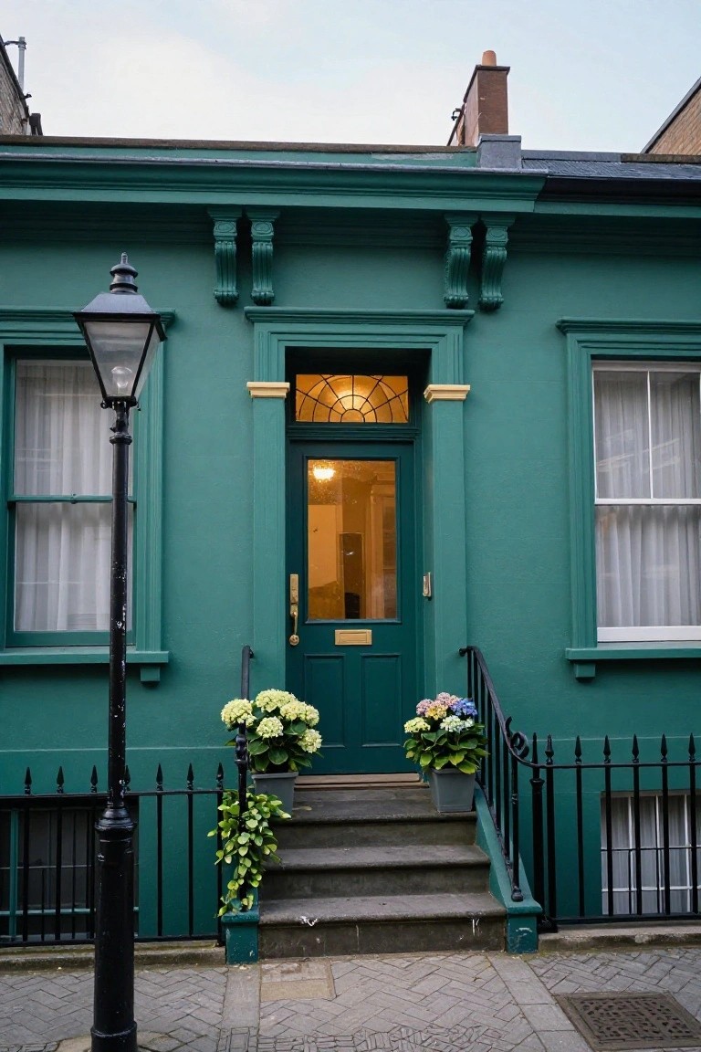Teal green two-story Victorian terraced house exterior with dark green front door, brass hardware, steps with black railing and potted hydrangeas, white-curtained windows, and black street lamp.