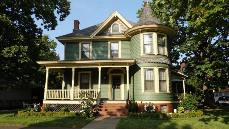 Two-story sage green Victorian house with octagonal turret, conical slate roof, wraparound porch, stained glass transom above green door, pink rose bushes, black iron fence, brick path, and surrounding trees.