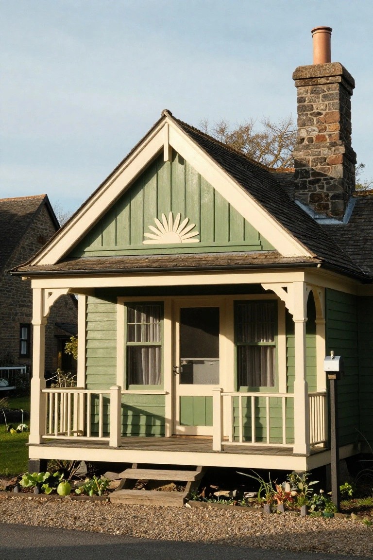 Small green wooden house with cream trim, gabled roof featuring a carved sunburst, covered front porch with turned posts, stone chimney, gravel path, and low plants around the base.