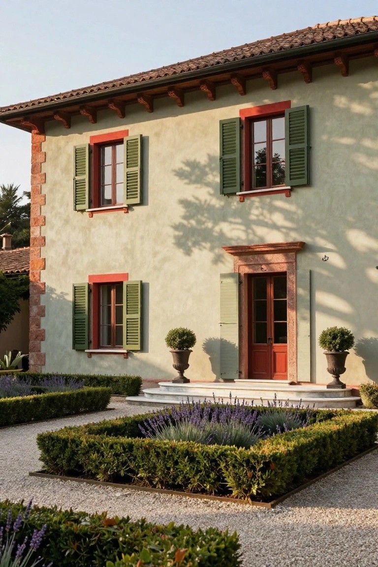 Two-story beige stucco house with red window frames and green shutters, red front door, terracotta roof, flanked by brick corner, formal gravel garden with boxwood hedges and lavender beds.