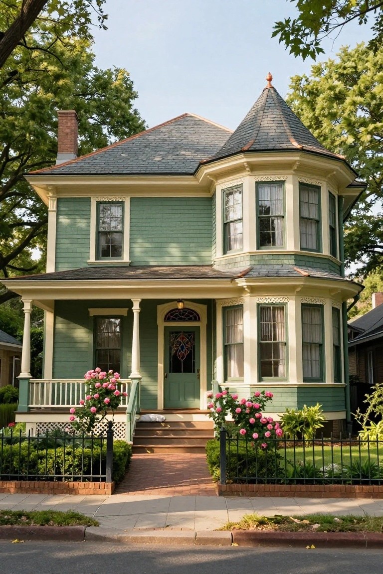 Two-story sage green Victorian house with octagonal turret, conical slate roof, wraparound porch, stained glass transom above green door, pink rose bushes, black iron fence, brick path, and surrounding trees.
