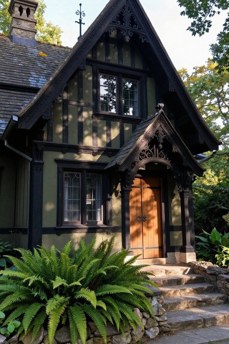 Green half-timbered house exterior with black wooden beams, steeply pitched slate roof, ornate gable over wooden front door, flanked by ferns and stone steps.