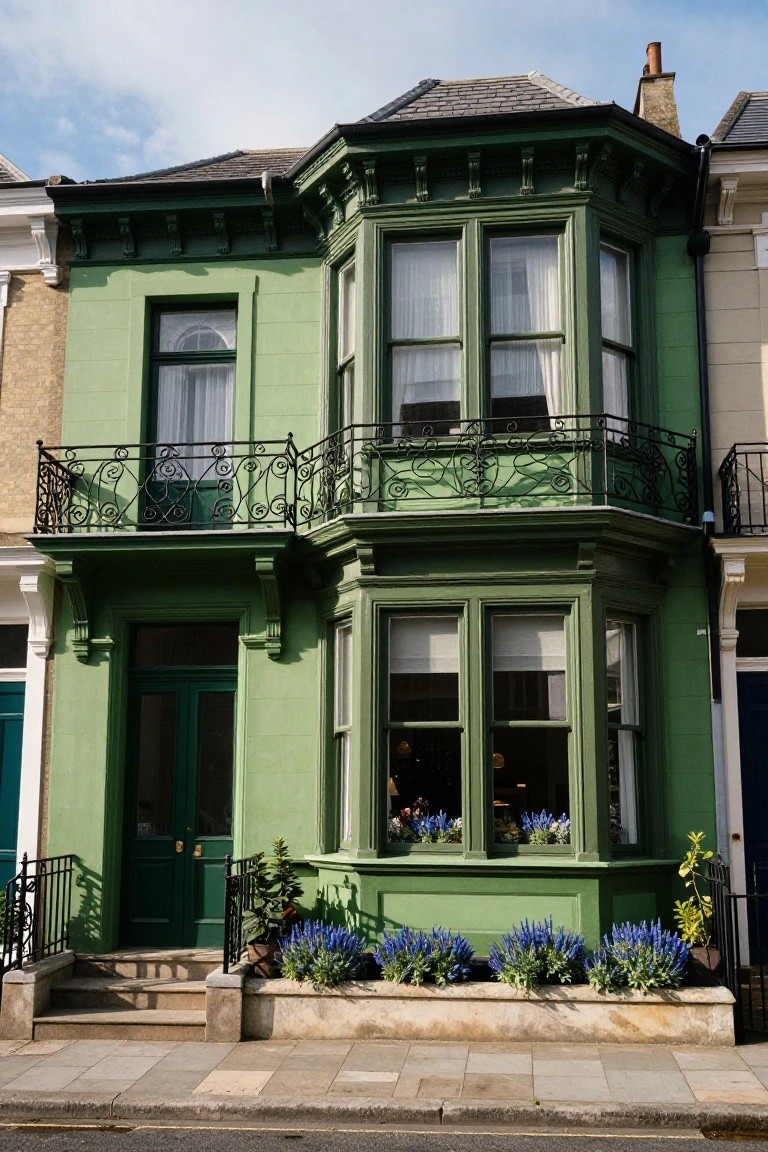 A pale green two-story Victorian terraced house with bay windows, wrought iron balcony, green front door, lavender plants in window boxes, flanked by beige neighboring houses on a paved street.