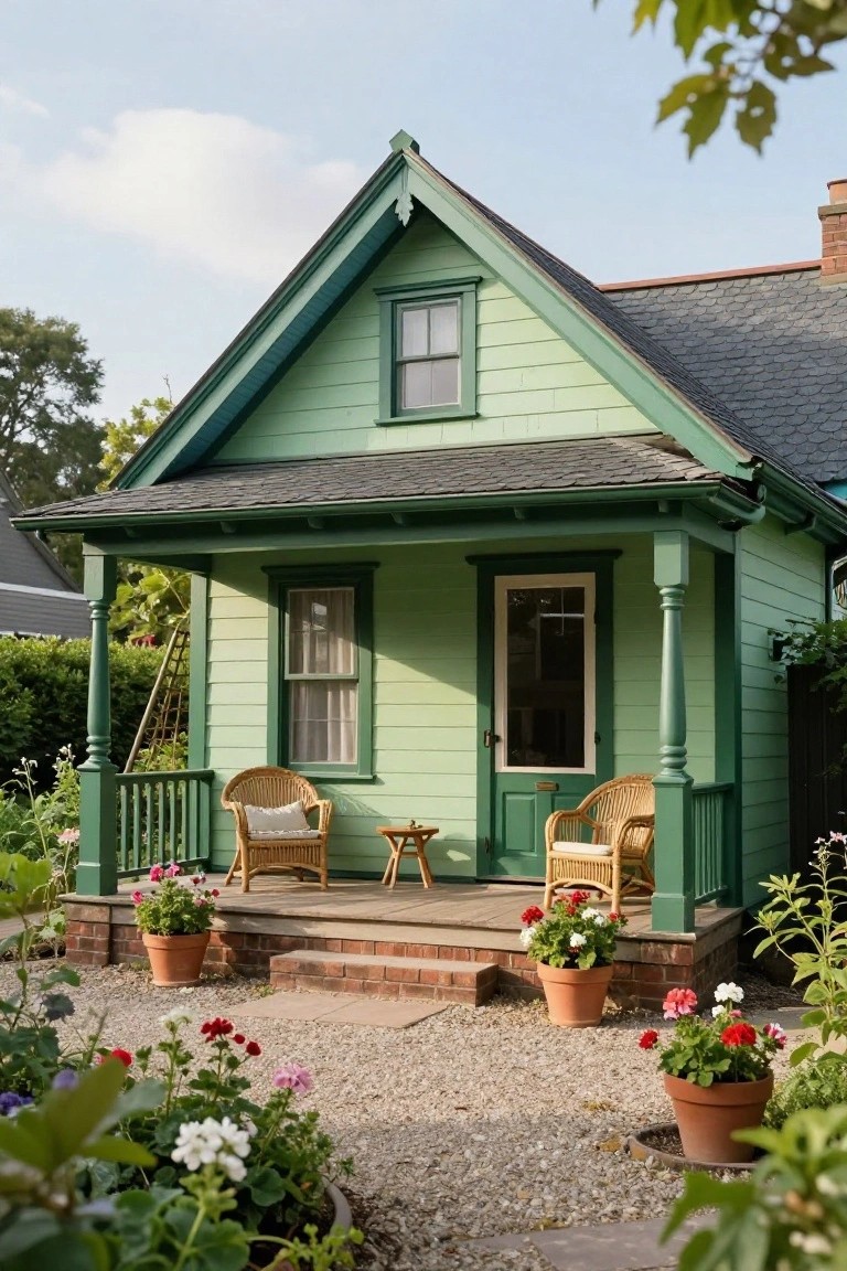A small pale green Victorian-style cottage with gabled roof, front porch supported by columns, wicker chairs, potted plants, and surrounding garden beds on a gravel path.