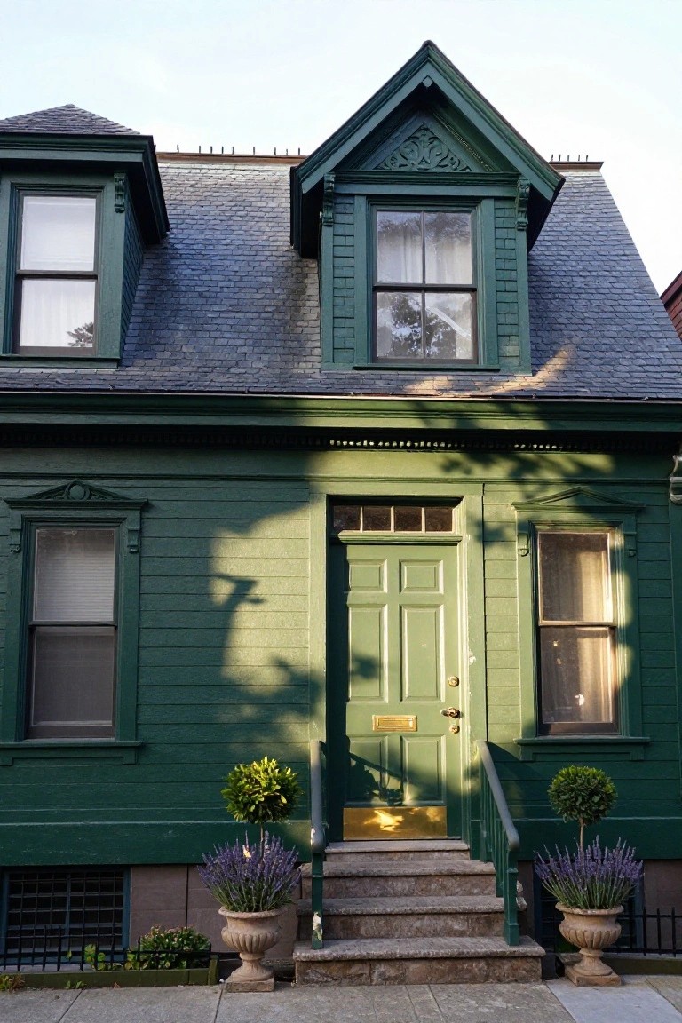 Dark green Victorian house exterior featuring clapboard siding, gabled dormer, multiple pane windows, central paneled green door with brass knocker and letterbox, approached by five granite steps with green-painted railing, flanked by potted boxwood spheres and lavender in terracotta urns.