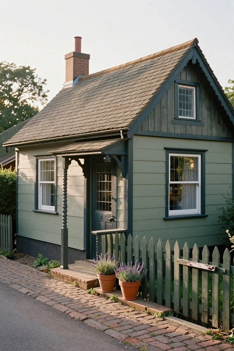 Small sage green clapboard cottage with dark trim, gabled slate roof, brick chimney, covered porch with turned post, double-hung windows, picket fence, potted lavender plants, and brick path beside a road.