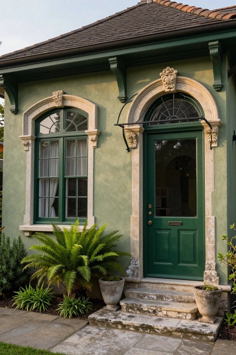 Sage green stucco house exterior with arched green front door and matching window frames in ornate beige stone surrounds, potted ferns beside worn stone steps, and pathway leading up.