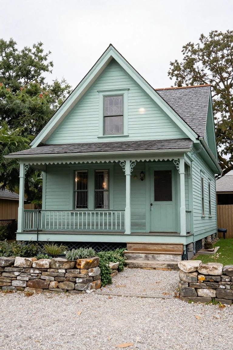 Pale green Victorian-style house with gabled roof, covered front porch featuring bracketed columns and scalloped trim, double-hung windows, green door, stone retaining walls, and gravel path.