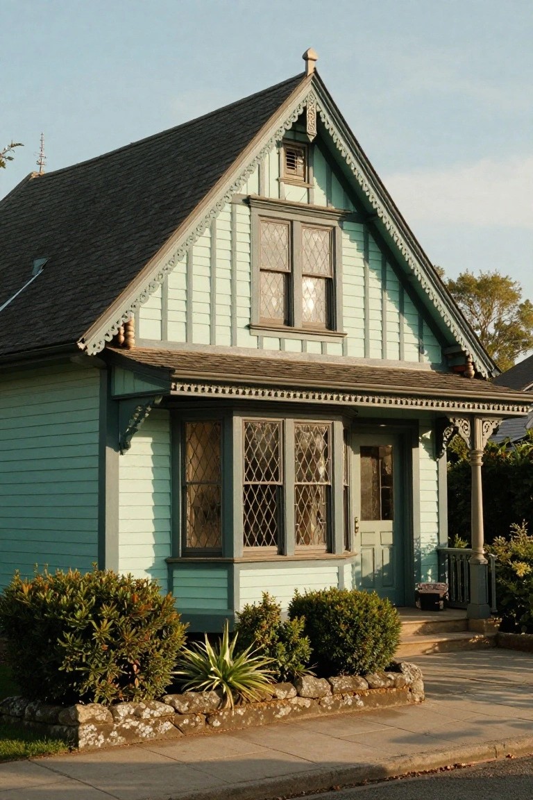 Teal green Victorian house exterior with gabled roof, decorative trimwork, leaded glass windows, bay window, covered front porch with green door, boxwood shrubs, agave plant, and stone edging along the sidewalk.