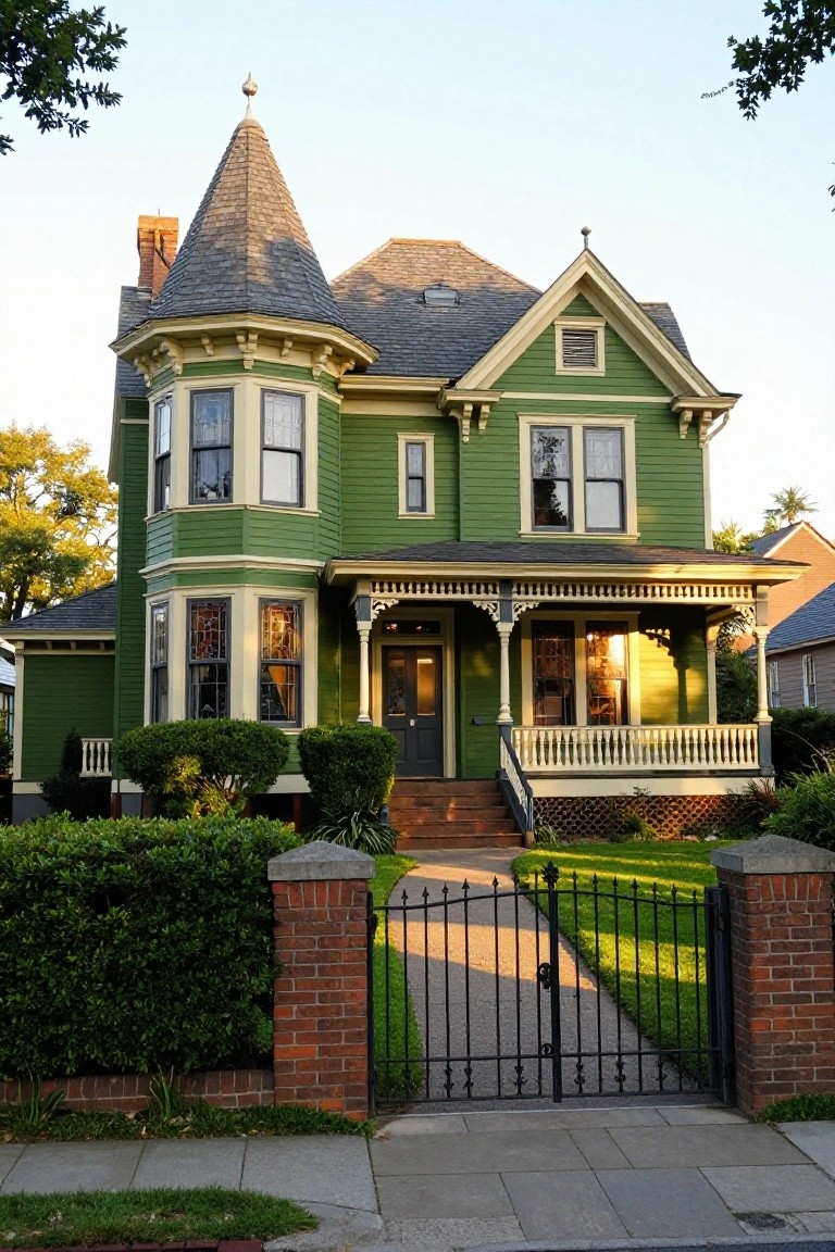 Two-story olive green Victorian house with corner turret, wraparound porch, multiple bay windows, brick gate pillars, and front yard shrubs.