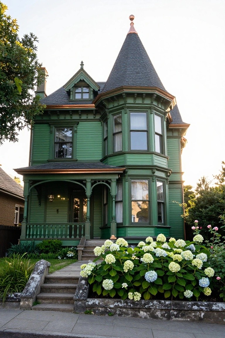 A two-story forest green Victorian house featuring a prominent pointed turret with copper roof accents and finial, ornate trim, bay windows, a covered porch, and front landscaping with white hydrangeas and steps leading to the entry.
