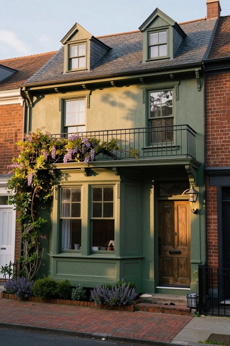 Two-story sage green Victorian house with black wrought-iron balcony draped in purple wisteria, wooden front door, bay window, lantern light, and low lavender plantings along brick sidewalk.