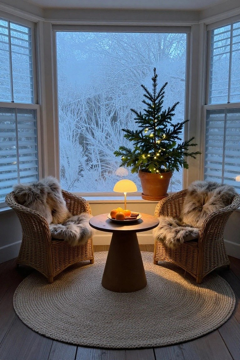 Bay window interior with two wicker armchairs draped in sheepskin throws facing each other around a small wooden pedestal table holding oranges and a lamp, a potted lit Christmas tree nearby, and frosty snow-covered trees visible outside.