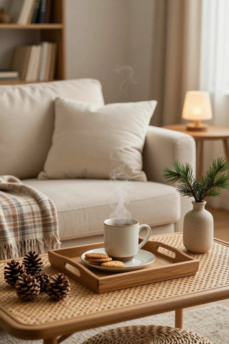 Light beige living room with a cream sofa, plaid throw blanket, rattan coffee table holding a wooden tray with steaming white teacup, cookies, pinecones, and a ceramic vase of fir branches, bookshelves in background.