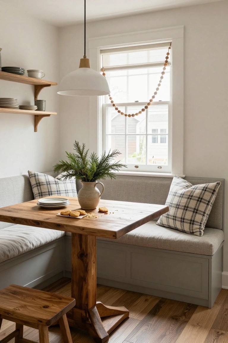 Kitchen corner booth with gray cushioned bench, plaid pillows, wooden table holding plates, cookies, and jug of evergreen branches, plus open shelves and window with wooden bead garland.