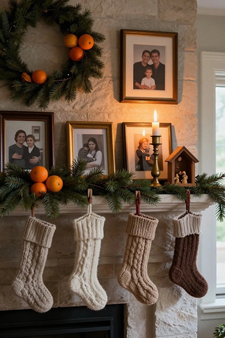 Stone fireplace mantel decorated for Christmas with pine garland and oranges, four knitted stockings in neutral tones hanging from clips, family photos in frames, brass candlestick, and wooden nativity scene.