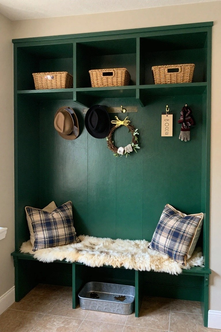 Green painted built-in mudroom cabinetry with wicker baskets on shelves, hooks holding hats, wreath, gloves, and tag, bench topped with plaid pillows and sheepskin rug, and metal tray with dark items below.