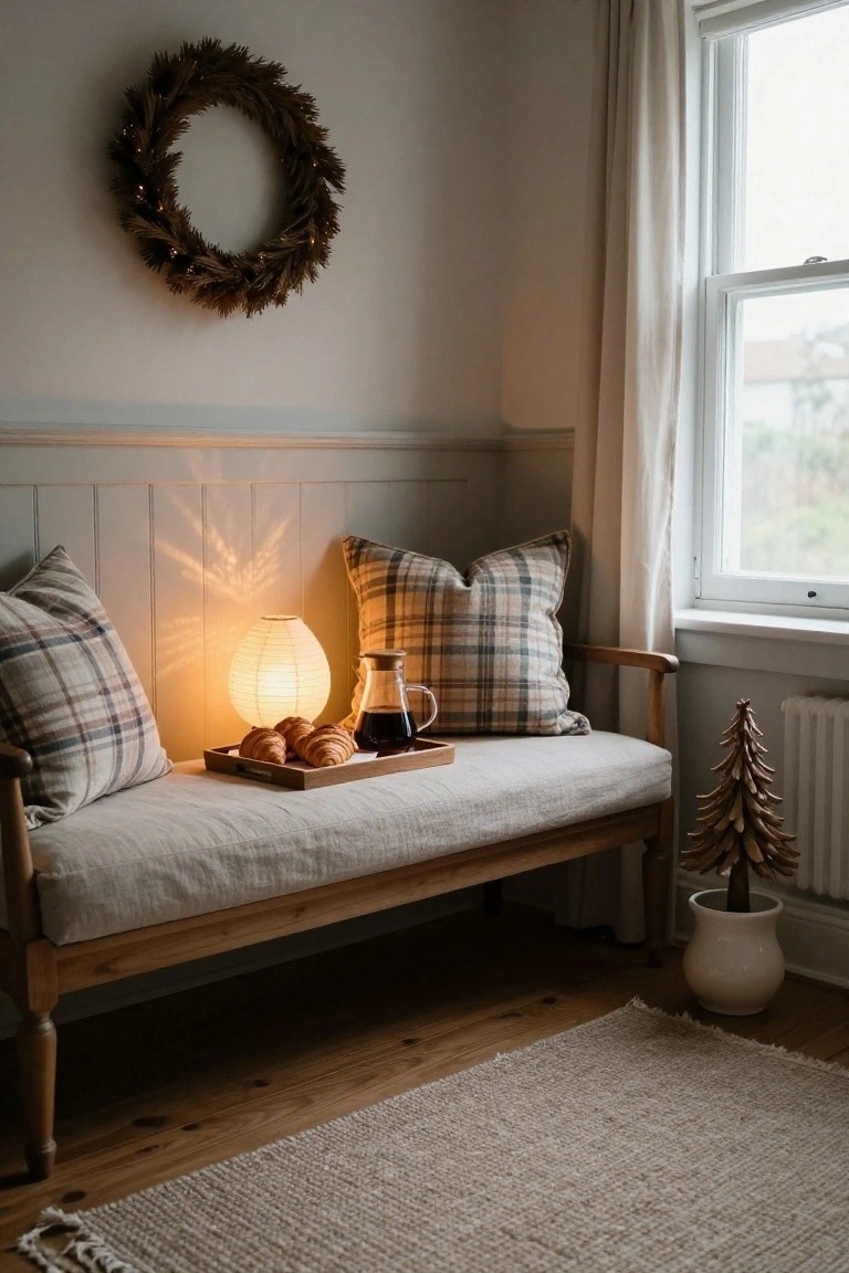 Wooden bench seat in corner by window with linen cushion, plaid pillows, paper lantern lamp, wooden tray holding croissants and glass coffee carafe, wheat wreath on wall, small wooden Christmas tree by radiator, sheer curtains, seagrass rug on wood floor.