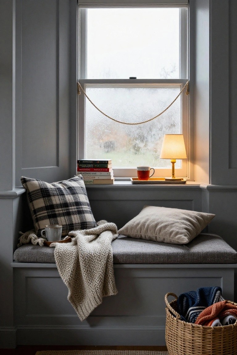 Gray built-in window seat with black-and-white plaid pillow, cream pillow, draped white knit blanket, white mug on saucer, foggy window, stack of books, red mug of tea, brass lamp on sill, and wicker basket of blankets and scarves below.