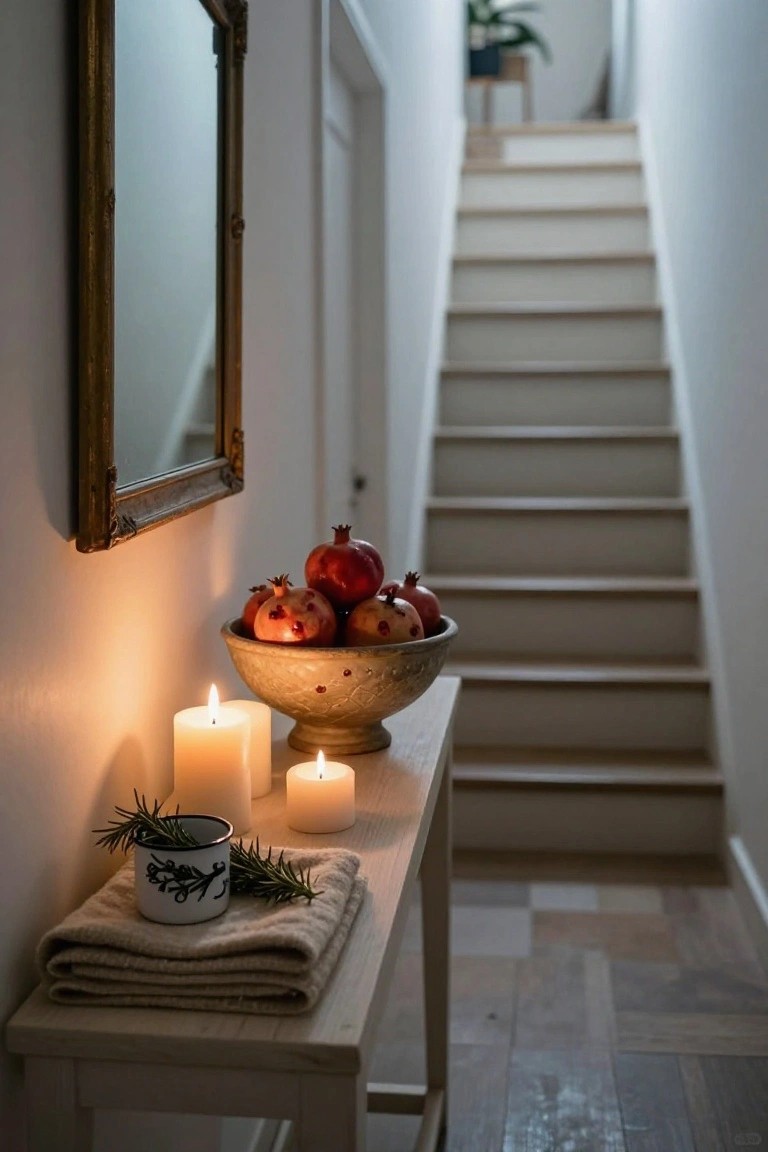 Hallway console table holding a bowl of pomegranates, lit candles, rosemary in an enameled mug, and folded linens, beside a gold-framed mirror and white stairs.