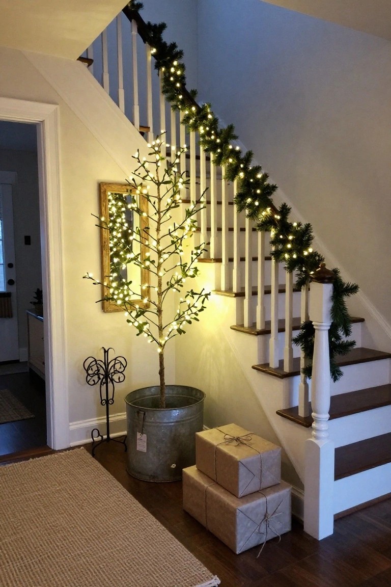 White wooden staircase with railing wrapped in evergreen garland and white fairy lights, a slim artificial tree with lights in a galvanized metal bucket nearby, stacked wrapped boxes at the base, and a seagrass rug on the hardwood floor.