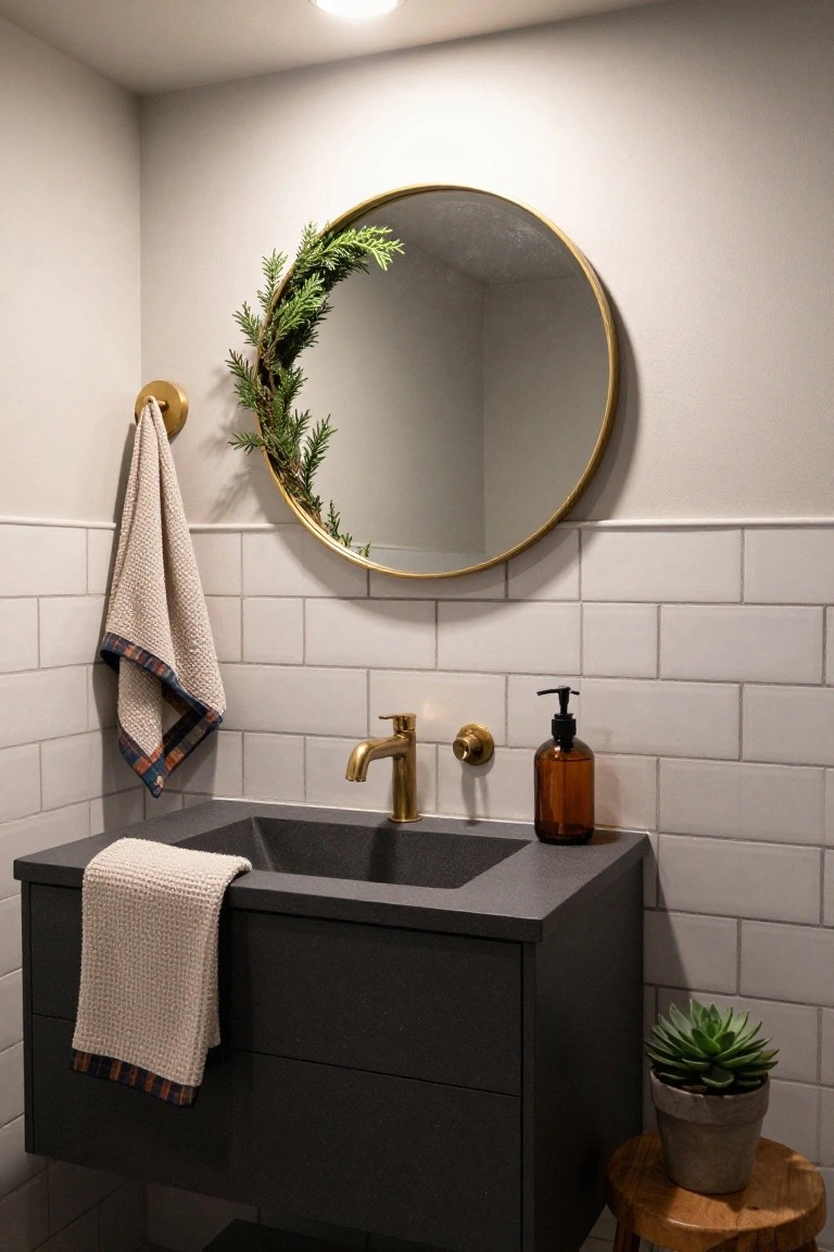 Close-up of a small bathroom corner with black matte vanity sink, gold faucet and round mirror framed by evergreen garland, white subway tile walls, hanging towels, soap dispenser, and potted succulent on a wood stool.