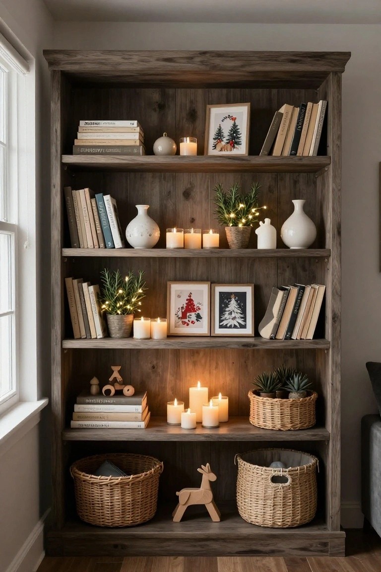Tall wooden bookshelf against a wall in a light-filled room, styled with stacked books, white ceramic vases, lit candles, potted rosemary plants with fairy lights, Christmas-themed framed prints, wooden reindeer and toy figures, and woven baskets.