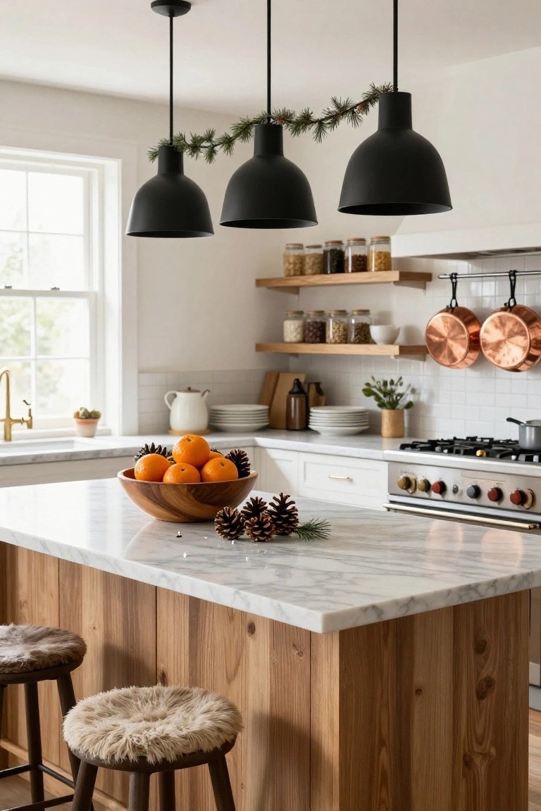 Modern kitchen with marble-topped wooden island holding wooden bowl of oranges and pinecones, black pendant lights draped in pine garland, fur-covered stools, white cabinets, and stainless stove.