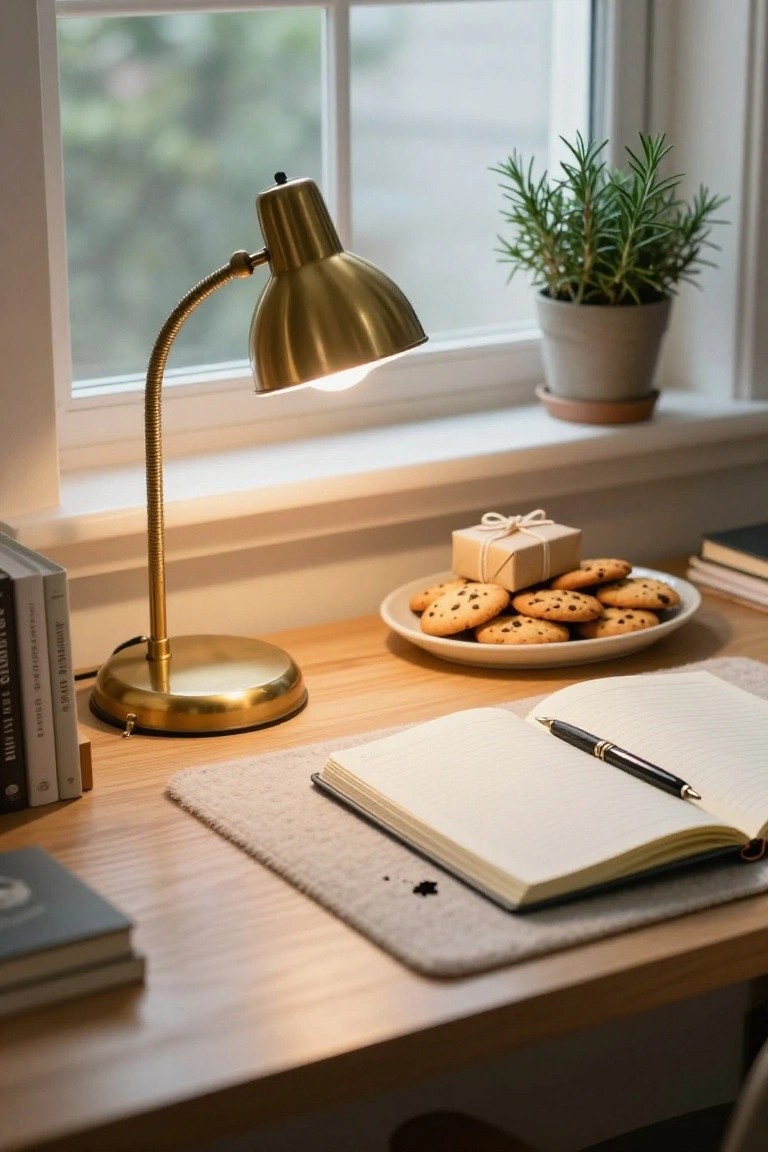 Wooden desk with gold gooseneck lamp lit up, open lined notebook and black pen, white plate of chocolate chip cookies, small beige gift box tied with ribbon, stacks of books, gray desk mat, and potted rosemary plant next to a window.